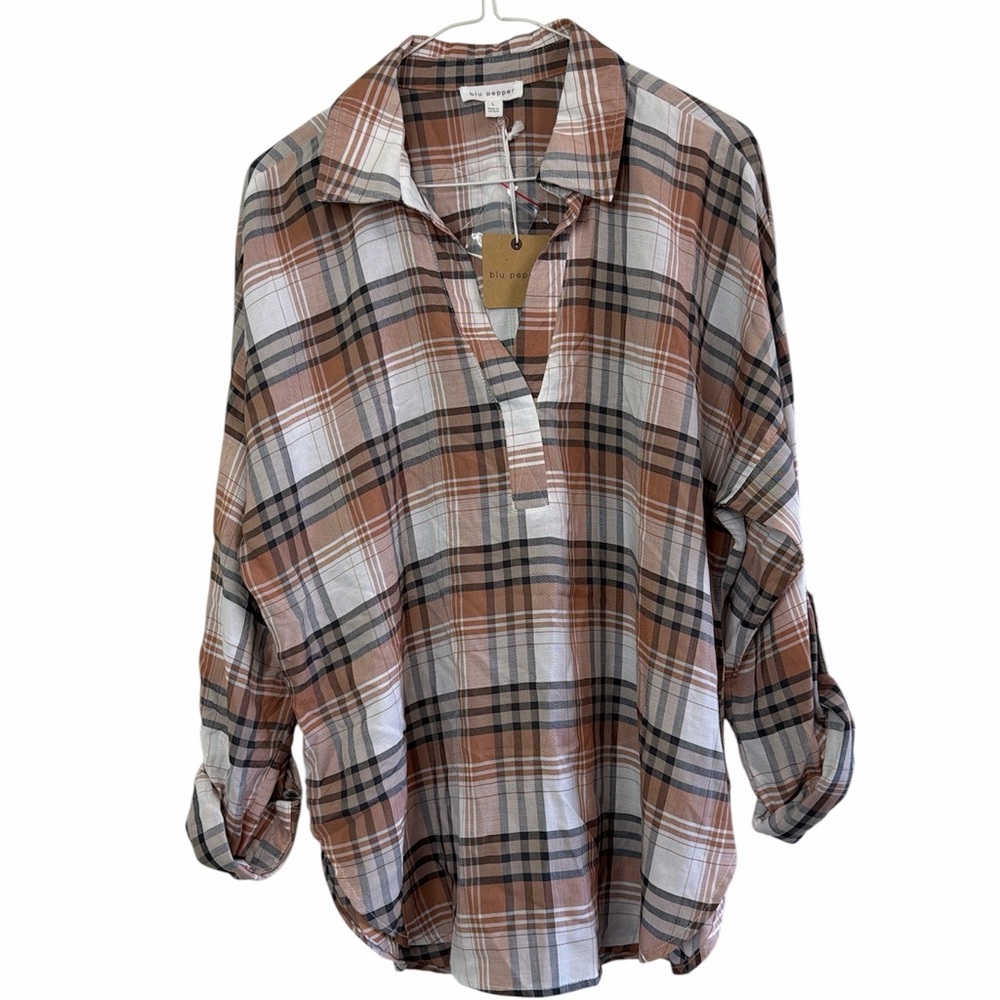 Blu Pepper Plaid Popover Blouse Brown Rayon NWT Large